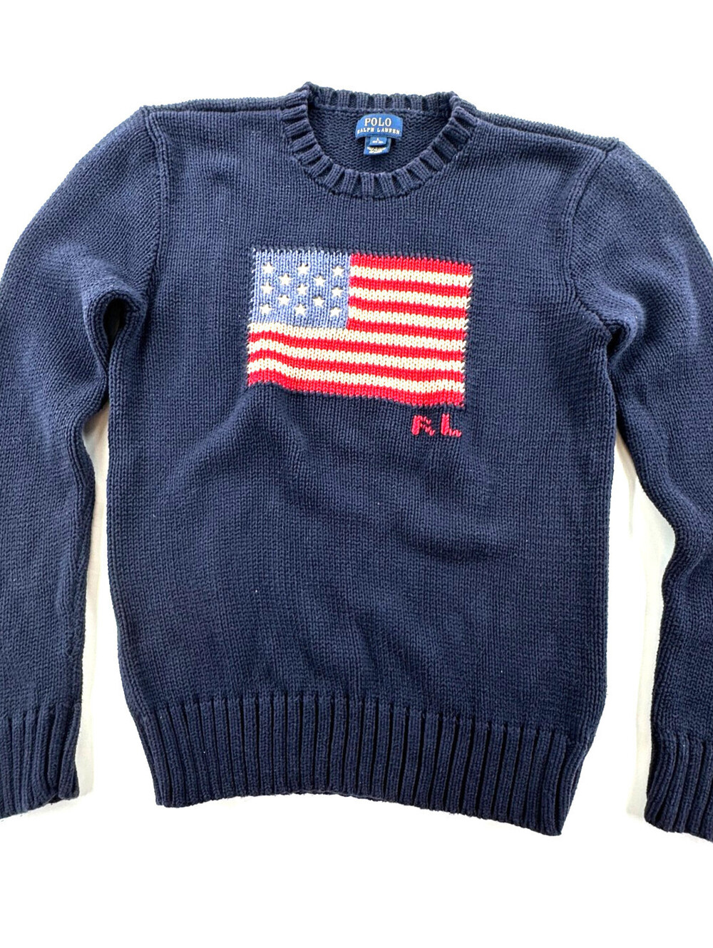 Polo Ralph Lauren Boy's Sweater Navy Blue Iconic American Flag Size 14/16